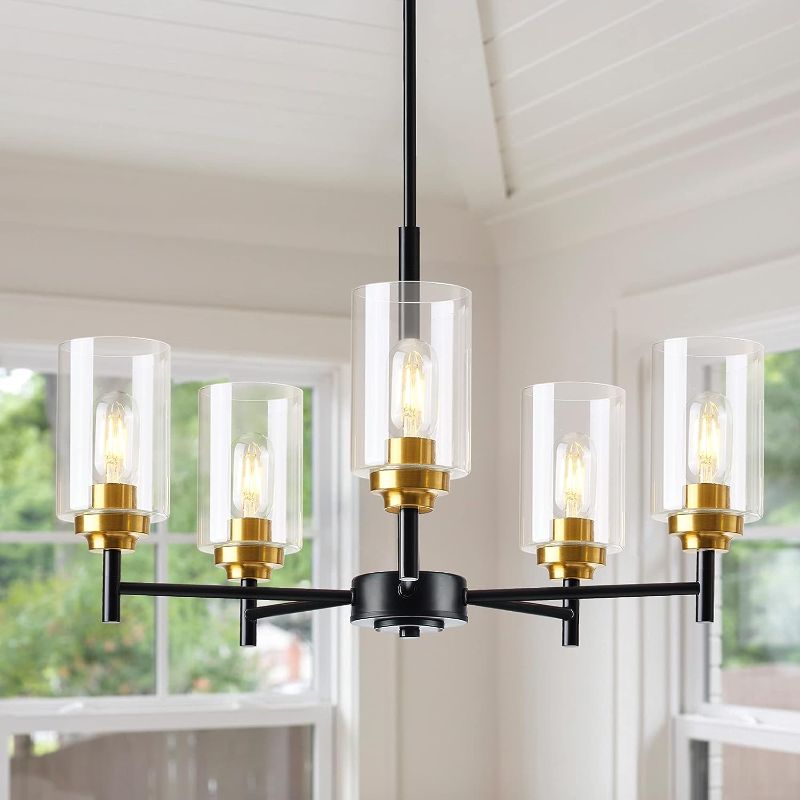 Photo 1 of 5 Lights Glass Farmhouse Chandeliers for Dining Room, Modern Kitchen Light Fixtures Over Table, Kitchen Island Pendant Ceiling Lighting , Black and Gold Hanging Light for Foyer Living Room Bedroom
