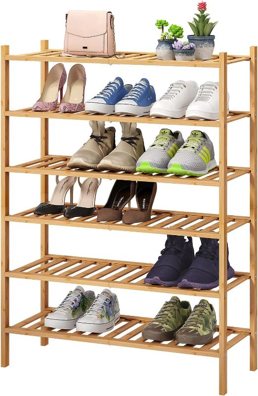 Photo 1 of 6-Tier Bamboo Shoe Rack for Entryway, Stackable | Foldable | Natural, Shoe Organizer for Hallway Closet, Free Standing Shoe Racks for Indoor Outdoor