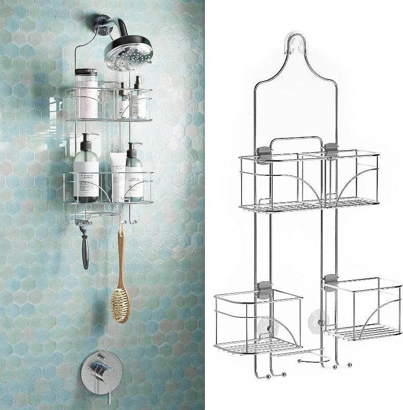 Photo 1 of Zenna Home Hanging Shower Caddy, Over the Shower Head Bathroom Storage, Made for Handheld Shower Hoses, Rust Resistant, No Drilling, Expandable Organizer with 4 Baskets, Razor Holders, Hooks, Chrome