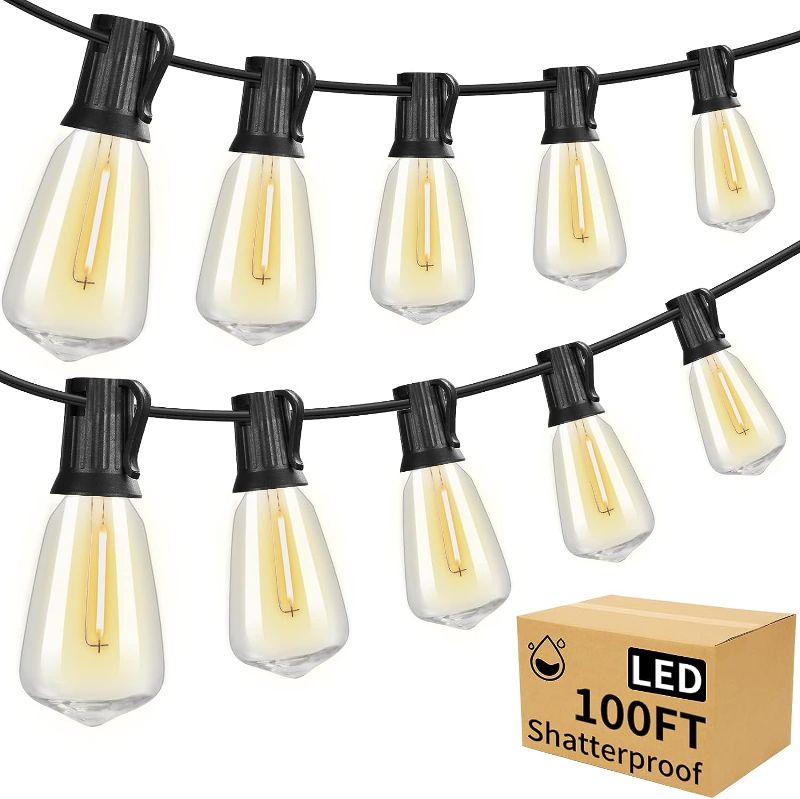 Photo 1 of Brightever LED Outdoor String Lights 100FT Patio Lights with 52 Shatterproof ST38 Vintage Edison Bulbs, Outside Hanging Lights Waterproof for Porch, Deck, Garden, Backyard, Balcony, 2700K Dimmable