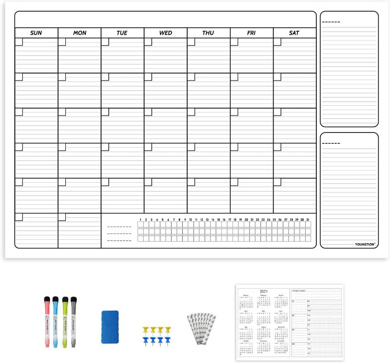 Photo 1 of YOUNGTION Dry Erase Wall Calendar, 24 x 36 Inches Laminated Erasable Undated Monthly Planner for Home Office Classroom, Premium PET Film & Habit Tracking Grid, with Accessories