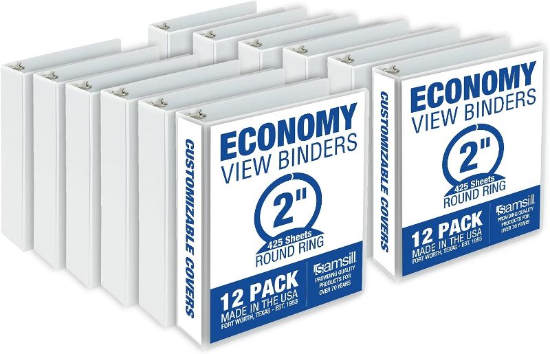 Photo 1 of amsill Economy 2 Inch 3 Ring Binder, Made in the USA, Round Ring Binder, Customizable Clear View Cover, White, 12 Pack (MP128567)