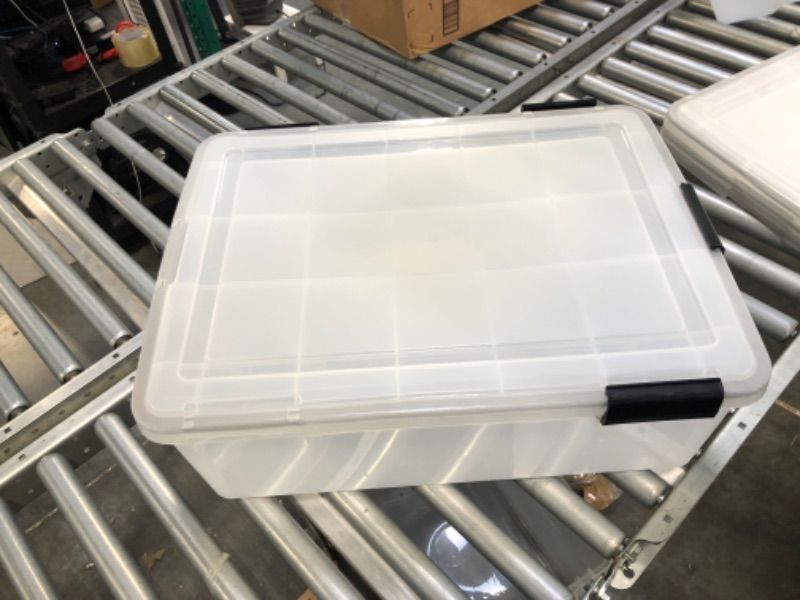 Photo 2 of ***LID IS CRACKED, BUT USABLE** IRIS USA 41 Quart WEATHERPRO Plastic Storage Box with Durable Lid and Seal and Secure Latching Buckles, Weathertight, Clear with Black Buckles, 1 Pack 41 qt 1