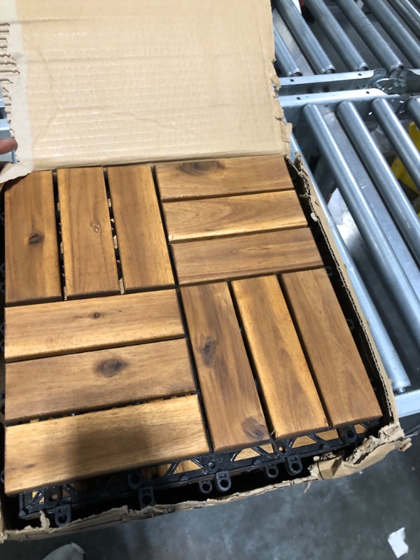 Photo 1 of Acacia Wood Interlocking Deck Tiles for Outdoor/Indoor - 12"x12" Decorative All Weather Balcony Flooring - Snap & Click Together Patio Tiles - Portable Waterproof Dance Floor Covering, Outside Walkway 6 Slats Almond Brown 10