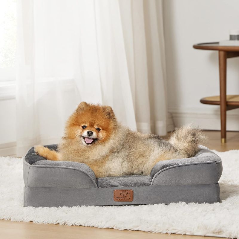 Photo 1 of Bedsure Orthopedic, Bolster Dog Beds for Small Dogs - Foam Sofa with Removable Washable Cover, Waterproof Lining and Nonskid Bottom Couch, Grey
