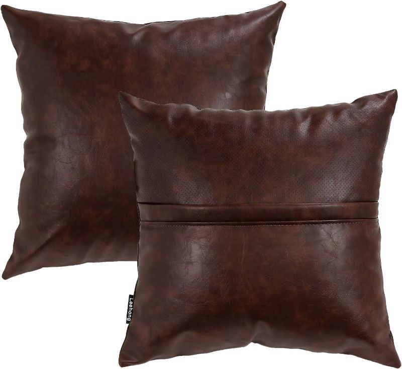 Photo 1 of  brawarm 22x22Inches Faux Leather Cushion Covers Decorative Leather Pillow Covers Coffee Brown Leather Pillow Covers Set of 2 for Couch Sofa Living Room Bedroom Farmhouse
