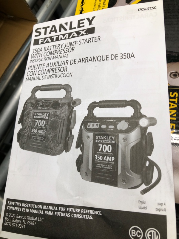 Photo 2 of STANLEY FATMAX J7CS Portable Power Station Jump Starter: 700 Peak/350 Instant Amps, 120 PSI Air Compressor, 3.1A USB Ports, Battery Clamps