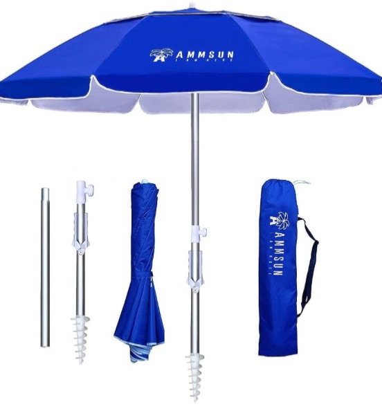 Photo 1 of AMMSUN 6.5ft twice folded Portable beach umbrella with sand anchor windproof,Push Button Tilt and Air vent UV 50+ Protection Fits in a large Suitcase for Patio Garden Beach Pool Backyard Blue