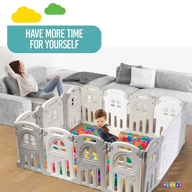 Photo 1 of Coolever Foldable Baby Playpen, Safety Baby Gate Playpen For Babies And Toddlers Sturdy And Immovable Baby Fence Play Area Activity Center Portable Design For Indoor Outdoor (Grey+White+Star 16 Panel) 14+2 Grey+White+Star