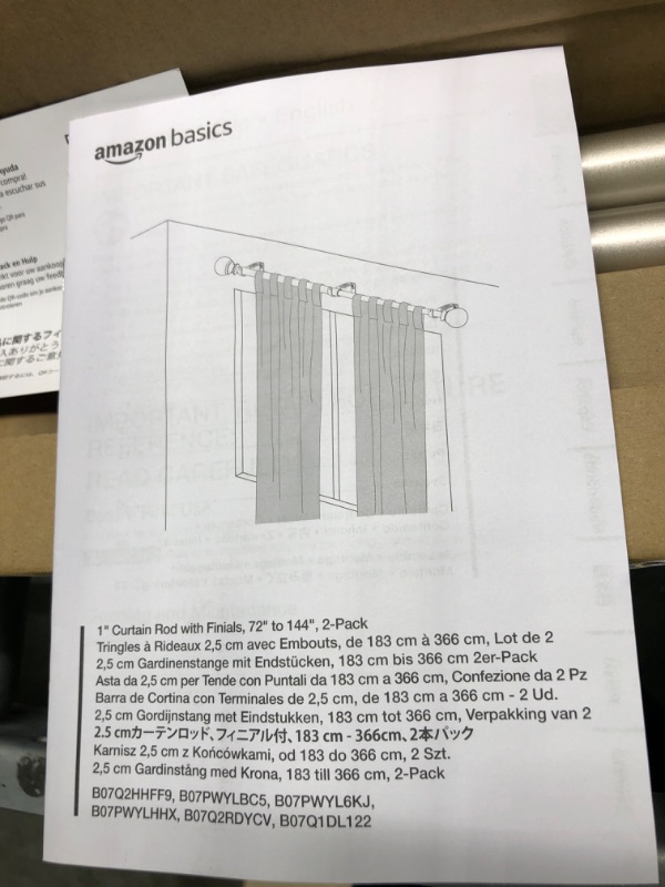 Photo 2 of Amazon Basics 1-Inch Curtain Rod with Round Finials - 2-Pack, 72 to 144 Inch, Nickel 1-Inch Rod 72" to 144" Nickel 2-Pack