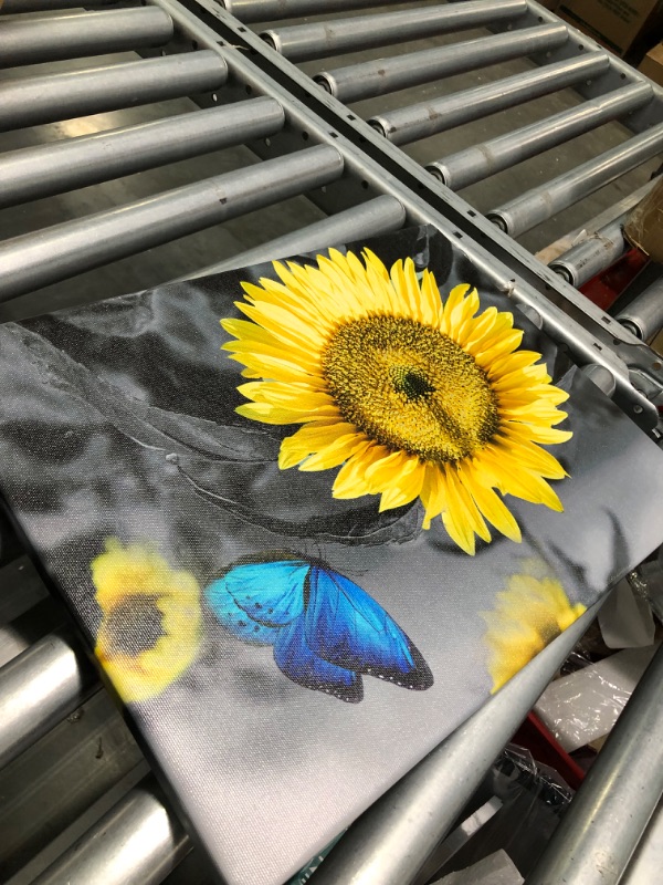 Photo 3 of Bathroom Decor Sunflower Canvas Wall Art Summer Blue Butterfly Picture Flowers Florals Painting Yellow Gray Artwork Framed for Bedroom Kitchen Dinning Room Living Room Office Home Decor 16"X12" 12"x16" sunflowers