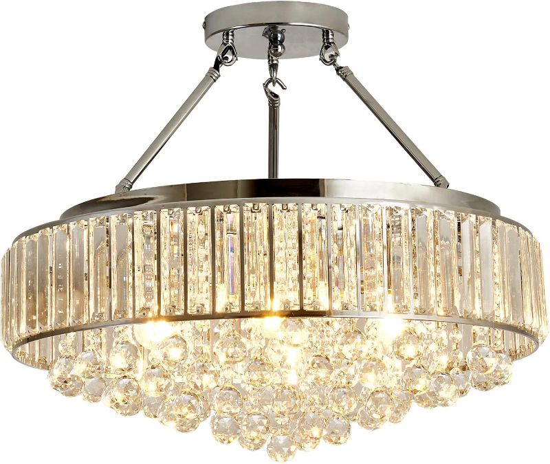 Photo 1 of 
YYJLX 6 Light Modern Large Round Crystal Chandelier Chrome Semi Flush Mount Ceiling Light Fixtures E26 Ceiling Lamp for Dining Room Living Room Laundry Room...