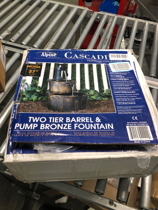 Photo 3 of Alpine Corporation 27" Tall 2-Tier Barrel and Pump Waterfall Fountain, Bronze Finish