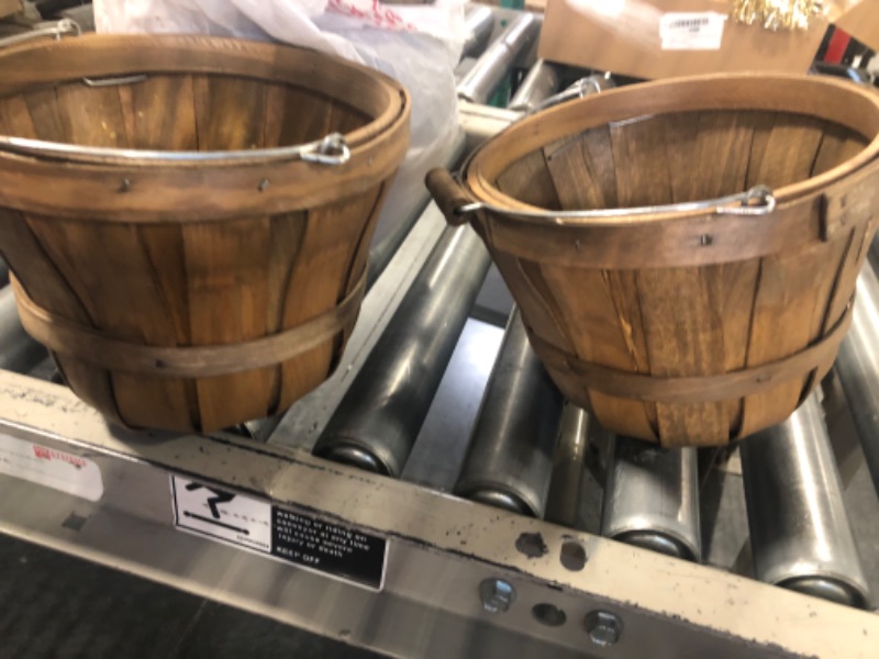 Photo 1 of 4 Packs Round Wooden Baskets Gifts Empty Wood Baskets Fruit Buckets with Handle for Gifts Empty Bushel Basket Garden Basket for Fruits Vegetables Home Garden Farm and Party Supplies (Dark Brown)