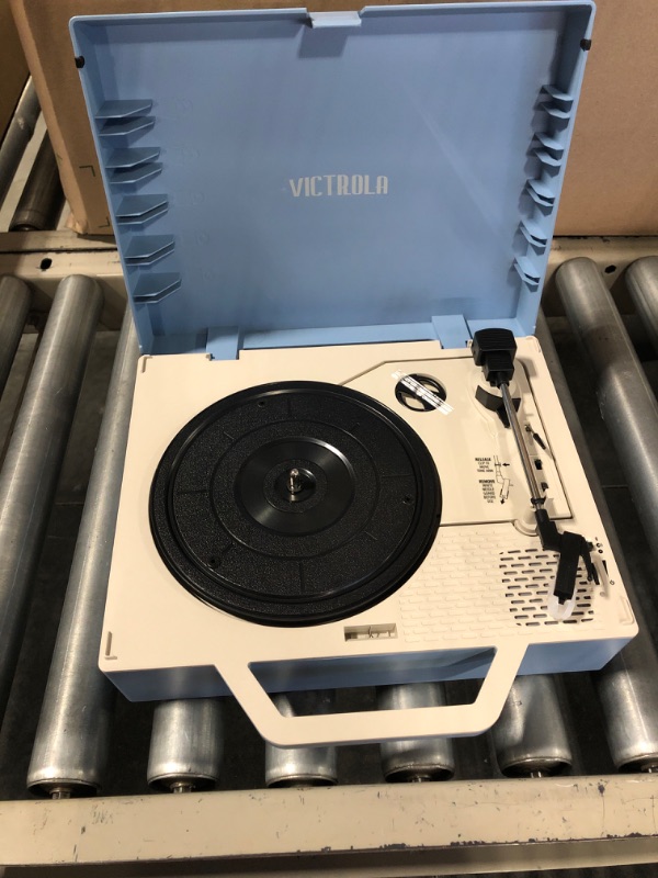 Photo 6 of Victrola Re-Spin Sustainable Suitcase Vinyl Record Player, 3-Speed (33 1/3, 45 & 78 RPM), Belt-Driven Bluetooth Turn Table with Built-in Bass Radiator, 3.5mm Headphone Jack, Light Blue Re-Spin Light Blue
