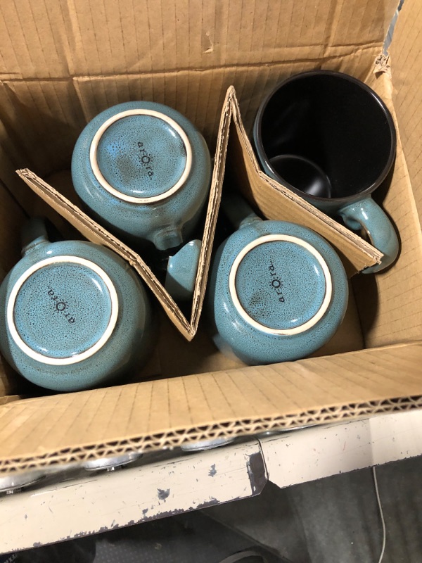 Photo 3 of Arora FLACKAR Square Stoneware 16pc Dinnerware Set for 4, Dinner Plates, Side Plates, Cereal Bowls, Mugs - Reactive Glaze Turquoise (497248) Square-Service for 4(16pcs) Turquoise-Bowl/Mug
