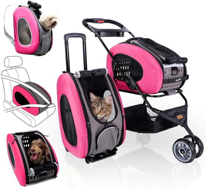 Photo 1 of 5-in-1 Pet Carrier with Backpack, Pet Carrier Stroller, Shoulder Strap, Carriers with Wheels for Dogs and Cats - Pink
