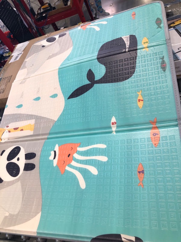Photo 1 of MEM Baby Play Mat 79" x 71", Foldable Baby Play Mats for Floor, Reversible Waterproof Foam Playmat for Babies and Toddlers, Extra Large Non-Slip Baby Crawling Mat with Travel Bag Ocean & Animal Alphabet 71" x 79" x 0.4"
