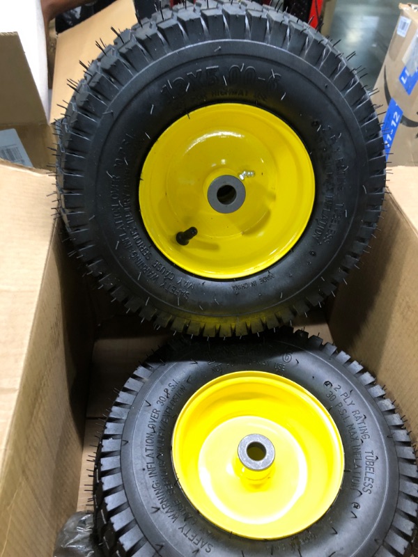 Photo 3 of (2 Pack) AR-PRO Exact Replacement 15" x 6.00-6" Front Tire and Wheel Assemblies for John Deere Riding Mowers - Compatible with John Deere 100 and D100 Series - 3” Centered Hub and 3/4” Bushings 15 x 6.00-6" Yellow