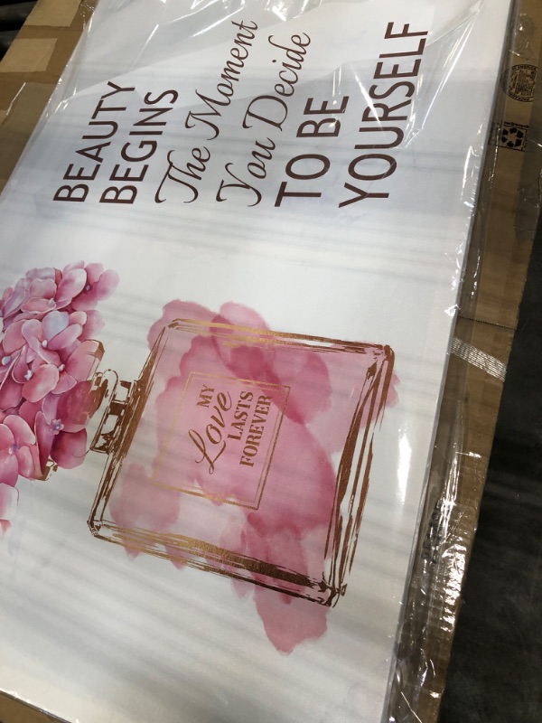 Photo 1 of arteWOODS Fashioner Perfume Canvas Wall Art Gold Bottle Pink Flower Canvas Pictures Brown Inspirational Words Canvas Prints Motivational Quetos Wall Decor for Bathroom Bedroom Powder Room 36X24IN 24.00" x 36.00" Inspirational Perfume Flower