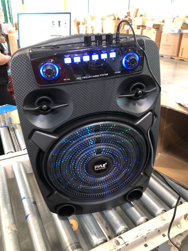 Photo 4 of Pyle Portable Bluetooth PA Speaker System - 800W 12” Outdoor Bluetooth Speaker Portable PA System - Party Lights, USB SD Card Reader, FM Radio, Rolling Wheels - Wired microphone, Remote - PPHP127B