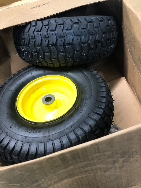 Photo 2 of (2 Pack) AR-PRO Exact Replacement 15" x 6.00 - 6" Front Tire and Wheel Assemblies for John Deere Riding Mowers - Compatible with John Deere 100 and D100 Series - 3” Hub Offset and 3/4” Bushings 15" x 6.00-6" Yellow