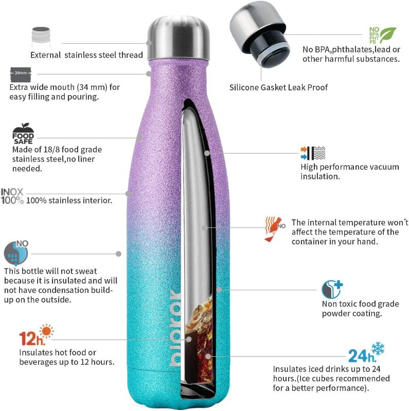 Photo 3 of BJPKPK Insulated Water Bottles -17oz/500ml -Stainless Steel Water bottles,Sports water bottles Keep cold for 24 Hours and hot for 12 Hours,BPA Free kids water bottles for School-Glitter Purple Green 17oz/500ml Z-Purple Green