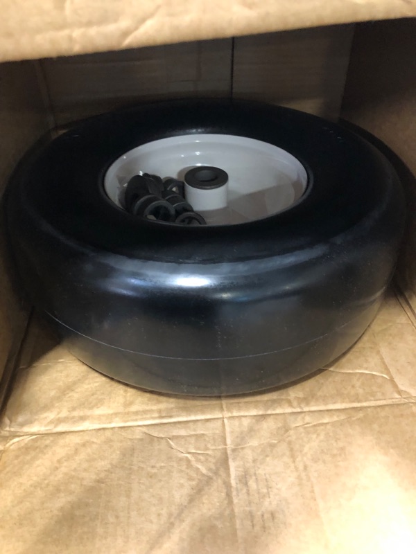 Photo 3 of 2 PCS Upgrade 13x5.00-6" Flat Free Lawn Mower Smooth Tire, Commercial Grade Lawn and Garden Mower Turf Replacement Solid Tire and Wheel with Steel Rim, 3/4" Grease Bushing and 3.25"-5.9" Centered Hub