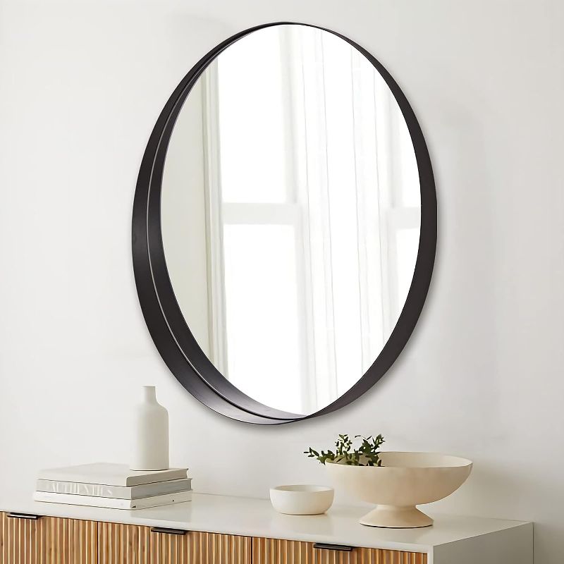 Photo 1 of ANDY STAR Black Round Mirror,24’’ Round Bathroom Mirror, Black Vanity Mirror in Stainless Steel Metal Frame with Thickness 1’’ to 3’ ’ Designed Wall Mounted Mirror
