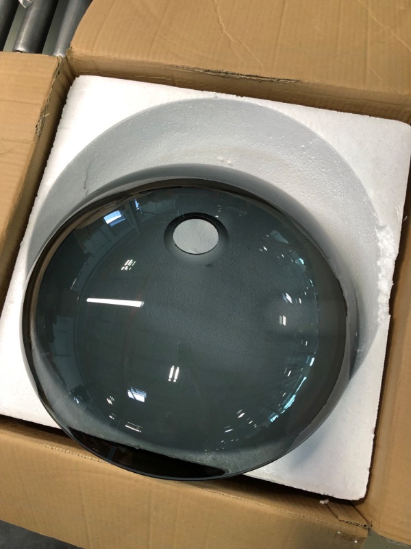 Photo 3 of Bathroom Vessel Sink, Round Glass Vessel Sink Basin with Faucet Pop-Up Drain, Grey
