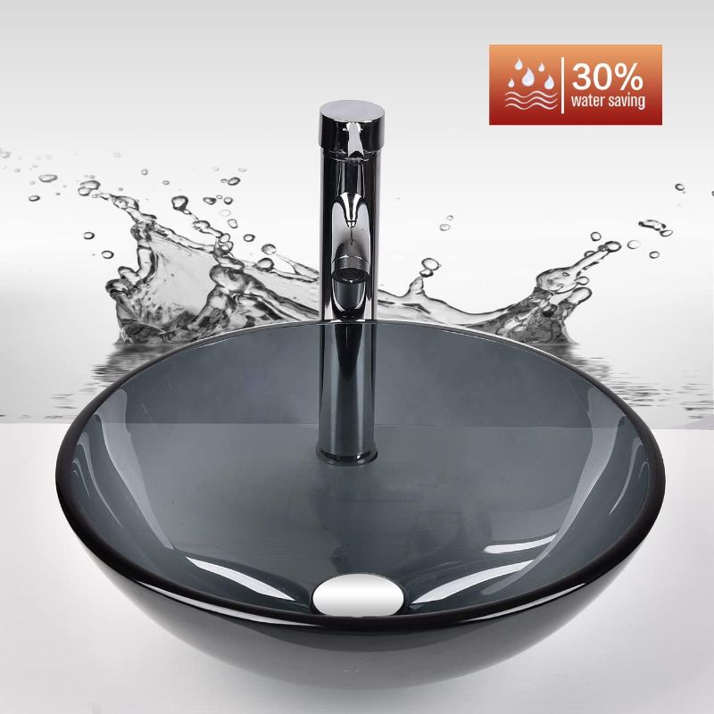 Photo 1 of Bathroom Vessel Sink, Round Glass Vessel Sink Basin with Faucet Pop-Up Drain, Grey
