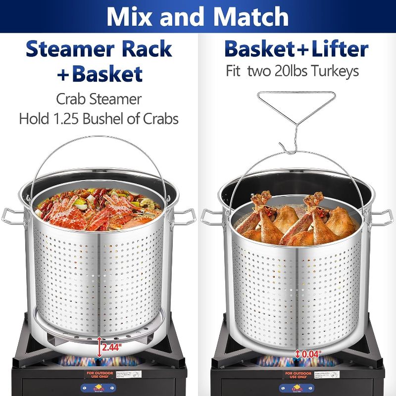 Photo 1 of ARC 52-QT Stainless Steel Stockpot for Seafood Boiler Crawfish Pot w/Basket and Steamer Rack, Outdoor Cooking Pot for Crab Lobster Shrimp Boiling, and Tamales Steamer, 13 Gal.
