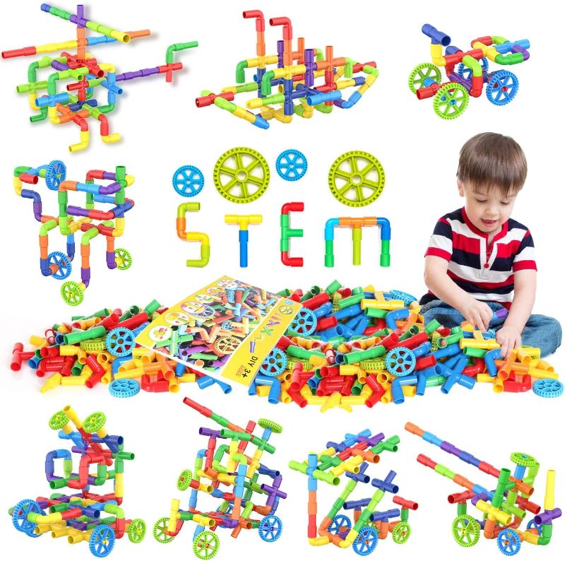 Photo 1 of 250 Pieces STEM Building Blocks, Pipe Tube Sensory Toys, Creative Tube Locks Construction Set with Wheels, with Storage Box, Preschool Educational Learning Toys, Present Gift for Boys Girls Aged 3+