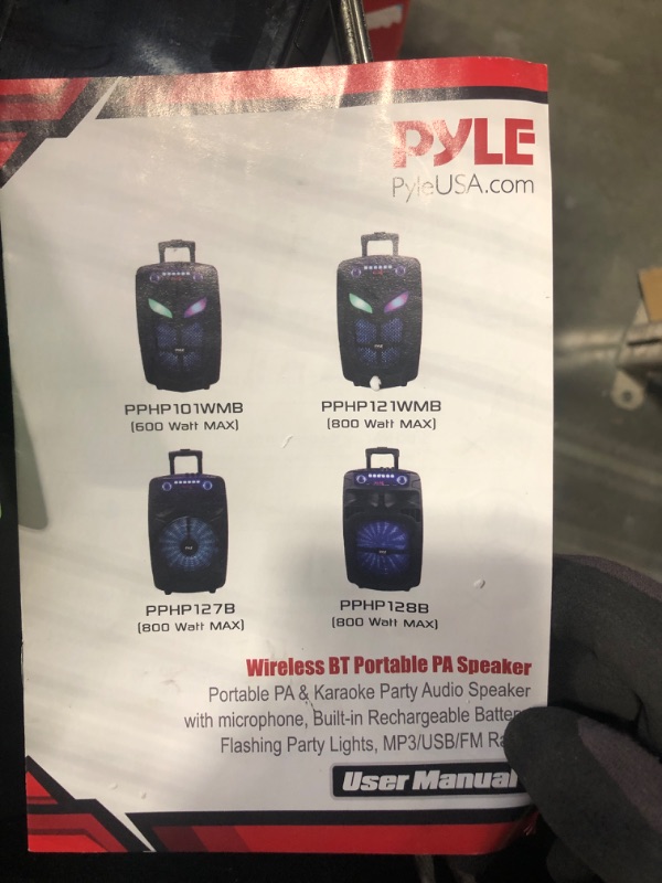 Photo 2 of Pyle Portable Bluetooth PA Speaker System-600W 10” Indoor/Outdoor BT Speaker-Includes 2 Wireless Microphones, Party Lights, USB SD Card Reader, FM Radio, Rolling Wheels-Remote Control PPHP101WMB