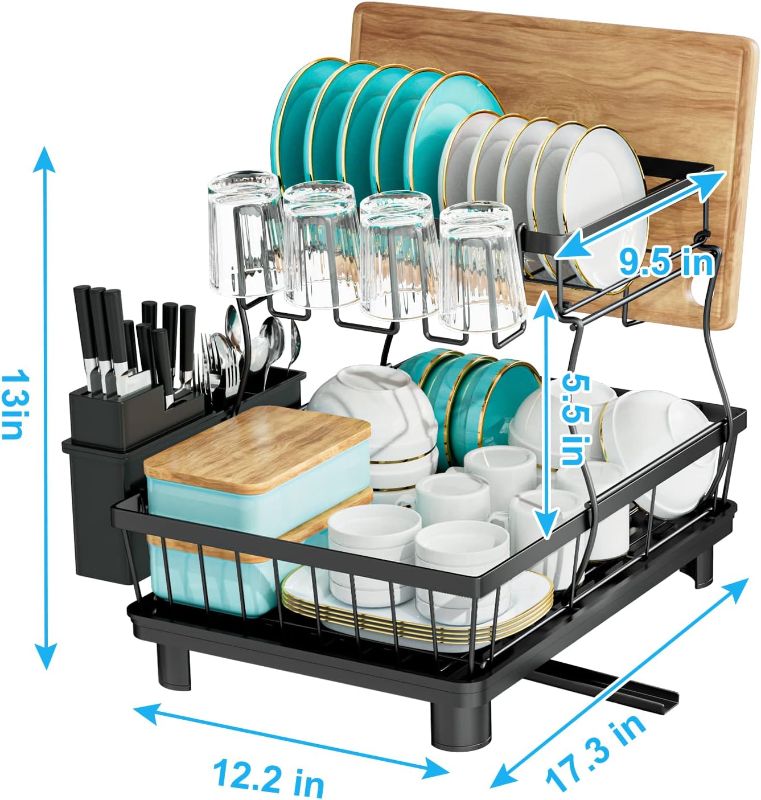 Photo 1 of 7 code Large Dish Drying Rack, 2-Tier Dish Racks for Kitchen Counter, Detachable Large Capacity Dish Drainer Organizer with Utensil Holder, Dish Drying Rack with Drain Board, Black
