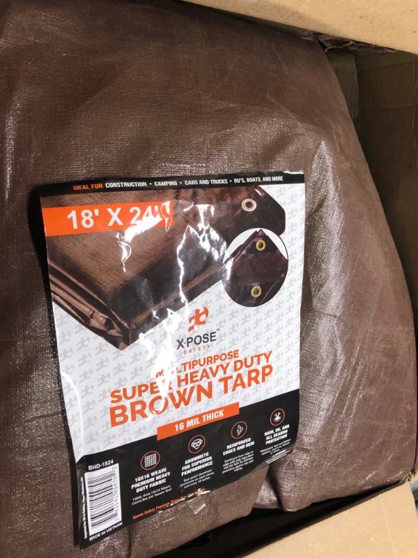 Photo 3 of 18' x 24' Super Heavy Duty 16 Mil Brown Poly Tarp Cover - Thick Waterproof, UV Resistant, Rip and Tear Proof Tarpaulin with Grommets and Reinforced Edges - by Xpose Safety