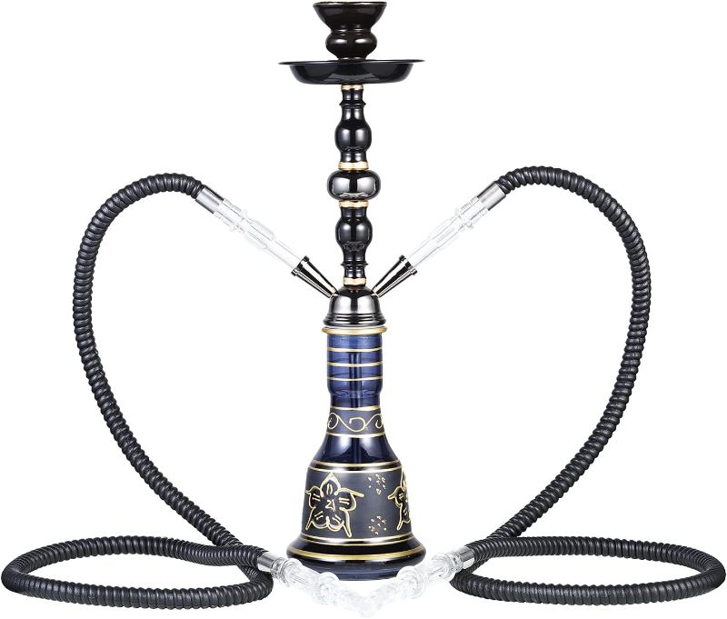 Photo 1 of 0" Premium 2 Hose Hookah Set - High Grade Resin Shaft Hookah Kit with Glass Vase, Ceramic Bowl and Coal Tongs Ashtray for Better Shisha Hookah Narguile Smoking (2 Hose Black)