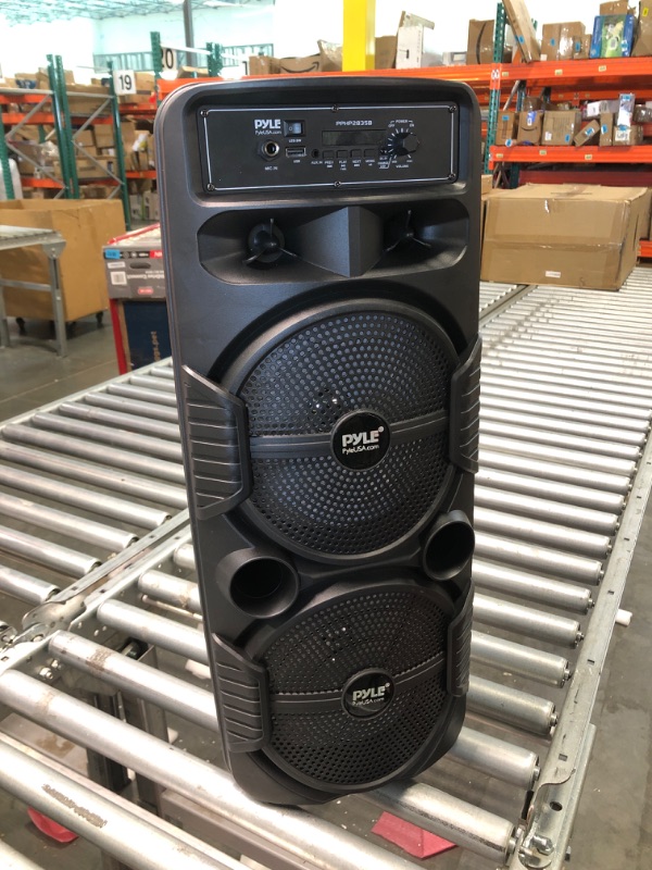 Photo 3 of Pyle Portable Bluetooth PA Speaker System - 600W Rechargeable Outdoor Bluetooth Speaker Portable PA System w/ Dual 8” Subwoofer 1” Tweeter, Microphone In, Party Lights, USB, Radio, Remote - PPHP2835B