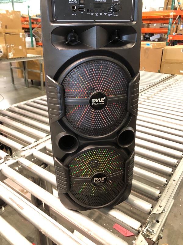 Photo 4 of Pyle Portable Bluetooth PA Speaker System - 600W Rechargeable Outdoor Bluetooth Speaker Portable PA System w/ Dual 8” Subwoofer 1” Tweeter, Microphone In, Party Lights, USB, Radio, Remote - PPHP2835B