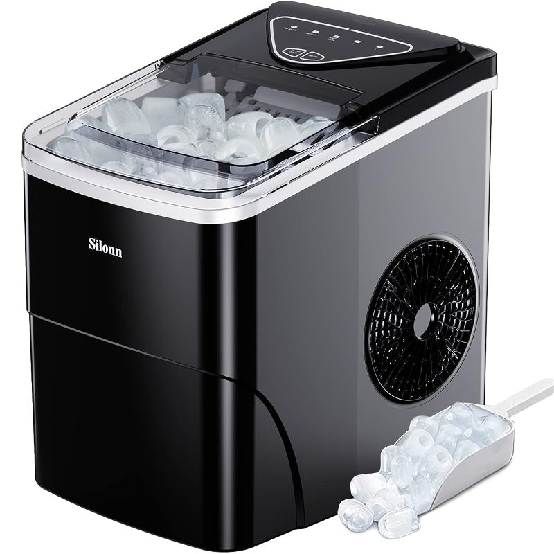 Photo 1 of Silonn Ice Maker Countertop, 9 Cubes Ready in 6 Mins, 26lbs in 24Hrs, Self-Cleaning Ice Machine with Ice Scoop and Basket, 2 Sizes of Bullet Ice for Home Kitchen Office Bar Party
***One of the sides is damaged (shown in last photo)***