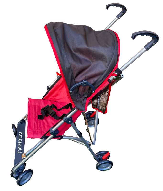 Photo 1 of AmorosO Single Umbrella Stroller for Toddler, Travel Stroller for Babies - Sunlight and Light Rain Protection - Baby Stroller with Four EVA Wheels - Travel-Ready Stroller - Round Canopy (Red/Black)