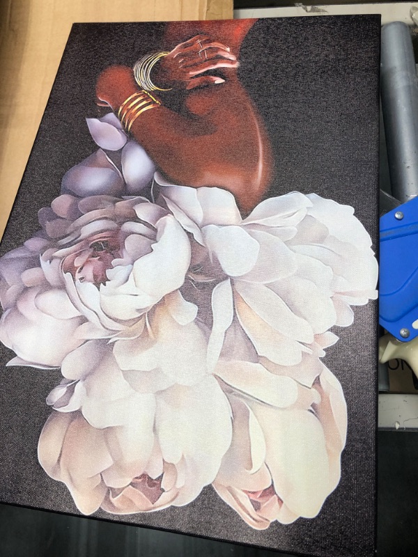 Photo 1 of African American Wall Art White Flower on Black Women Head Vintage Canvas Art Paintings Modern Abstract Girl Picture Home Wall Decor for Bedroom Living Room Framed Ready to Hang (White, 16x24inch) White 16x24inch