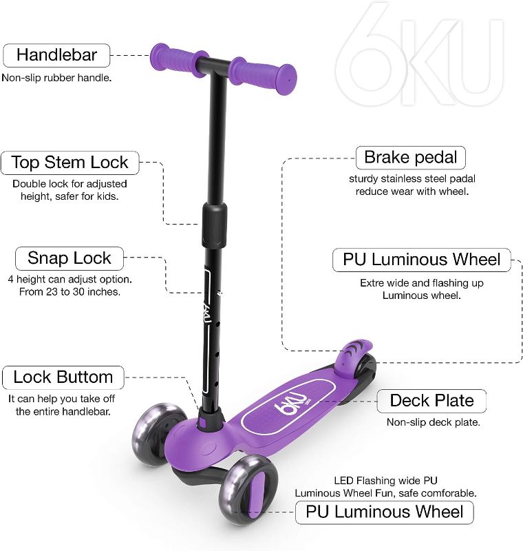 Photo 1 of 6KU Scooter for Kids Ages 3-5 with Flash Wheels, Kids Scooter 4 Adjustable Height, Toddler Scooter Extra-Wide PU LED Wheels, 3 Wheel Scooter for Kids for Girls & Boys Learn to Steer…