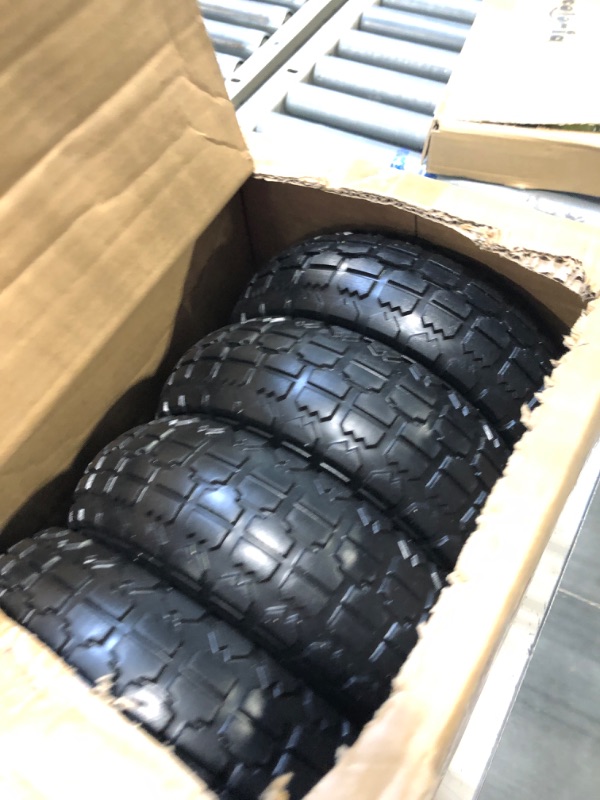 Photo 3 of Houseables 4.10/3.50-4 Tire and Wheel Flat Free, Replacement Wagon Wheels, 10 Inch Solid Rubber Tires, 4 Pack, 5/8" Axle Bore, Airless, For Gorilla Cart, Garden Dump Carts, Wheelbarrow, Hand Truck