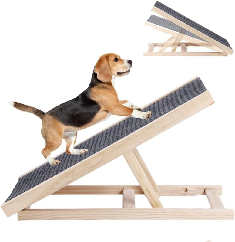 Photo 1 of Adjustable Dog Ramp, Folding Portable Wooden Pet Ramp for Dogs and Cats, 27.5" Long Adjustable from 11.8” to 15.7” Rated for 100lbs Lightweight Dog Car Ramps for Bed Couch