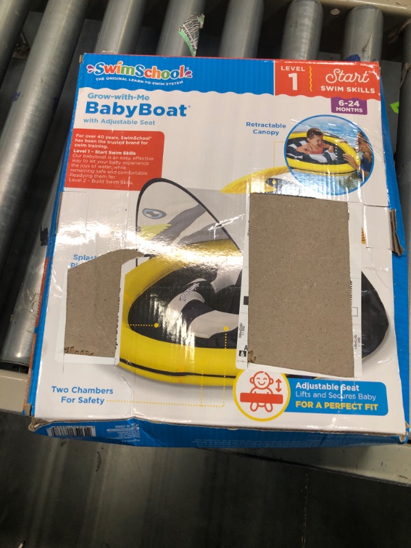 Photo 1 of SwimSchool Perfect Fit BabyBoat Level 1 Fish Pool Float with Sunshade Canopy, Dual Air Pillow Chambers, and Adjustable Safety Seat, Navy/White