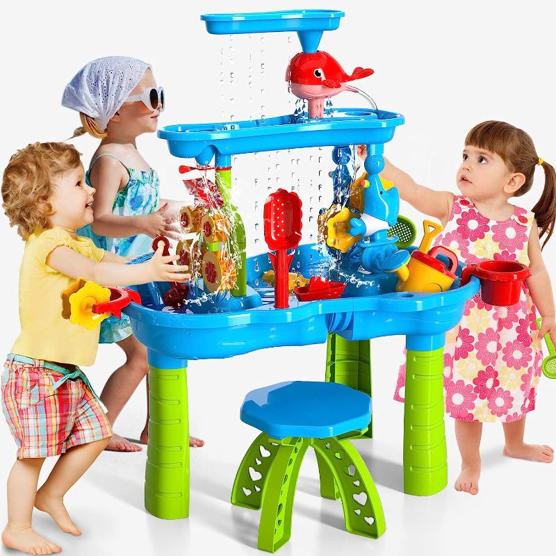 Photo 1 of Kids Sand Water Table Toys for Toddlers, 3-Tier Outdoor Sand and Water Play Table Toys for Toddlers Kids, Water Sensory Activity Tables Beach Toys for Outside Backyard for Toddlers Age 1-3 3-5