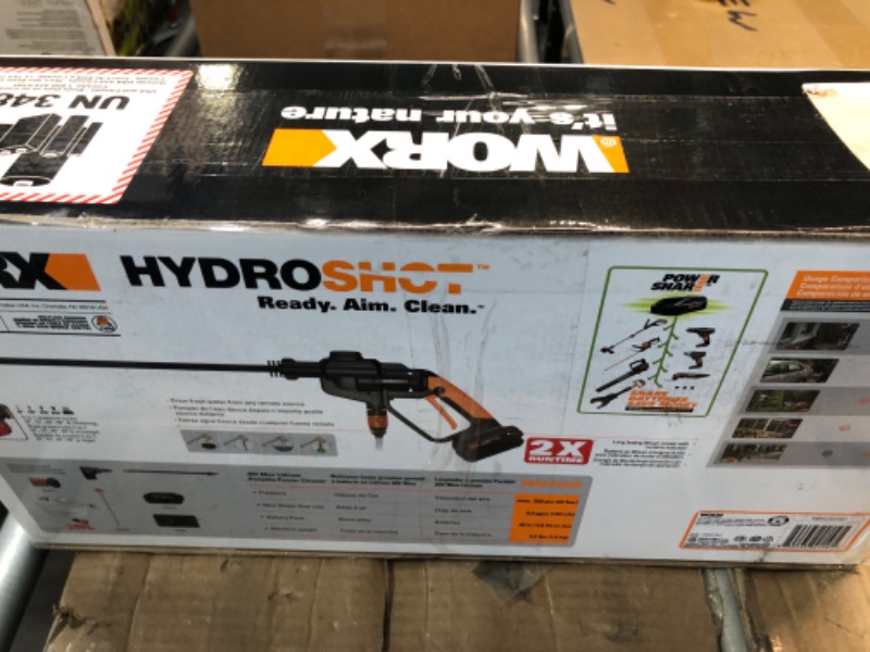 Photo 1 of WORX Hydroshot 20V Power Share 320 PSI Portable Power Cleaner -WG620 (Battery & Charger Included) w/ 20V 4.0Ah Battery & Charger Black/Orange