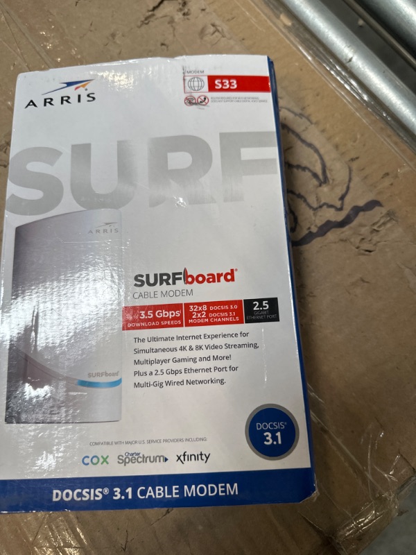 Photo 2 of ARRIS Surfboard S33 DOCSIS 3.1 Multi-Gigabit Cable Modem | Approved for Comcast Xfinity, Cox, Spectrum & More | 1 & 2.5 Gbps Ports | 2.5 Gbps Max Internet Speeds | 4 OFDM Channels | 2 Year Warranty DOCSIS 3.1 Modem Only Router System