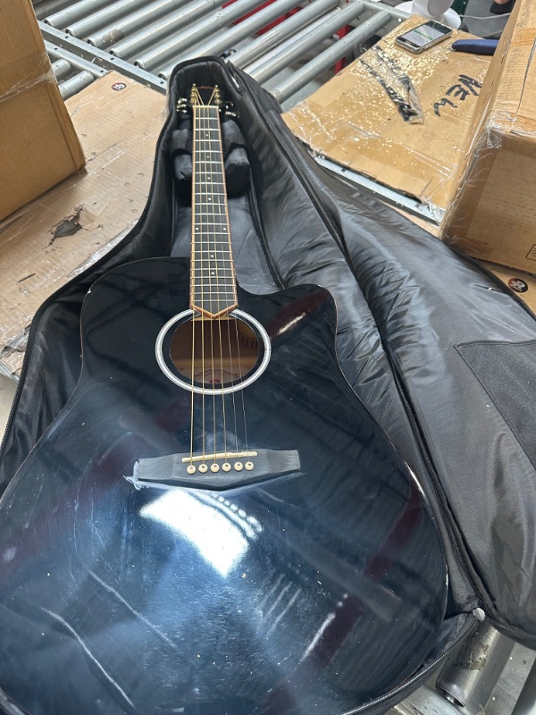 Photo 3 of 12 String Acoustic Guitar Cutaway,Adjustable Truss Rod Full Size Bundle with Gig Bag,Tuner,Strings,Strap, Picks, Black By Janerock 42